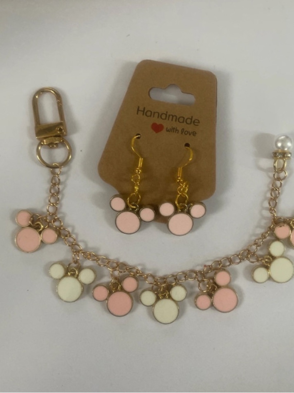 Handmade Pink & White Mouse Bag Charm and Earring Set